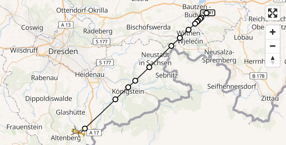 Flugroute Rettungshubschrauber Kubschütz - Altenberg, 20 August 2026, 09:32