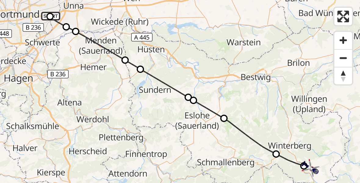 Flugroute Polizeihubschrauber Dortmund Flughafen - Hallenberg, 20 August 2026, 09:33