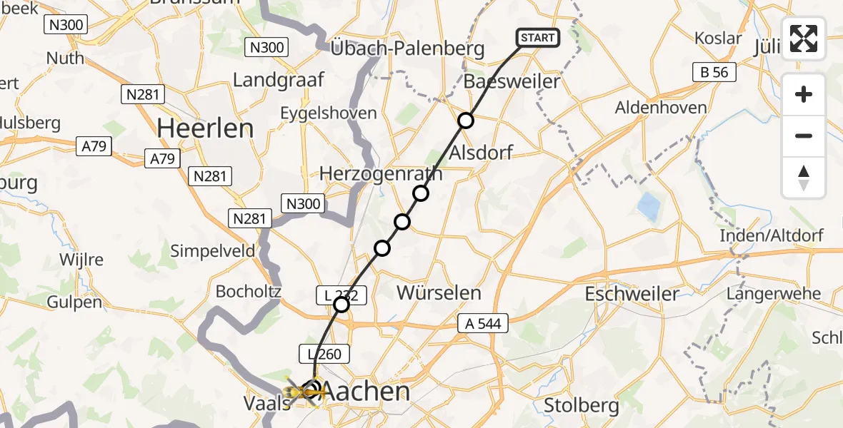 Flugroute Rettungshubschrauber Baesweiler - Aachen Hospital, 20 August 2026, 09:34