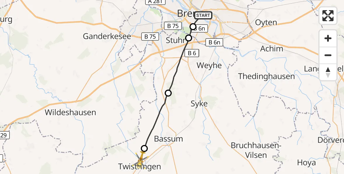 Flugroute Rettungshubschrauber Bremen - Twistringen, 20 August 2026, 09:40