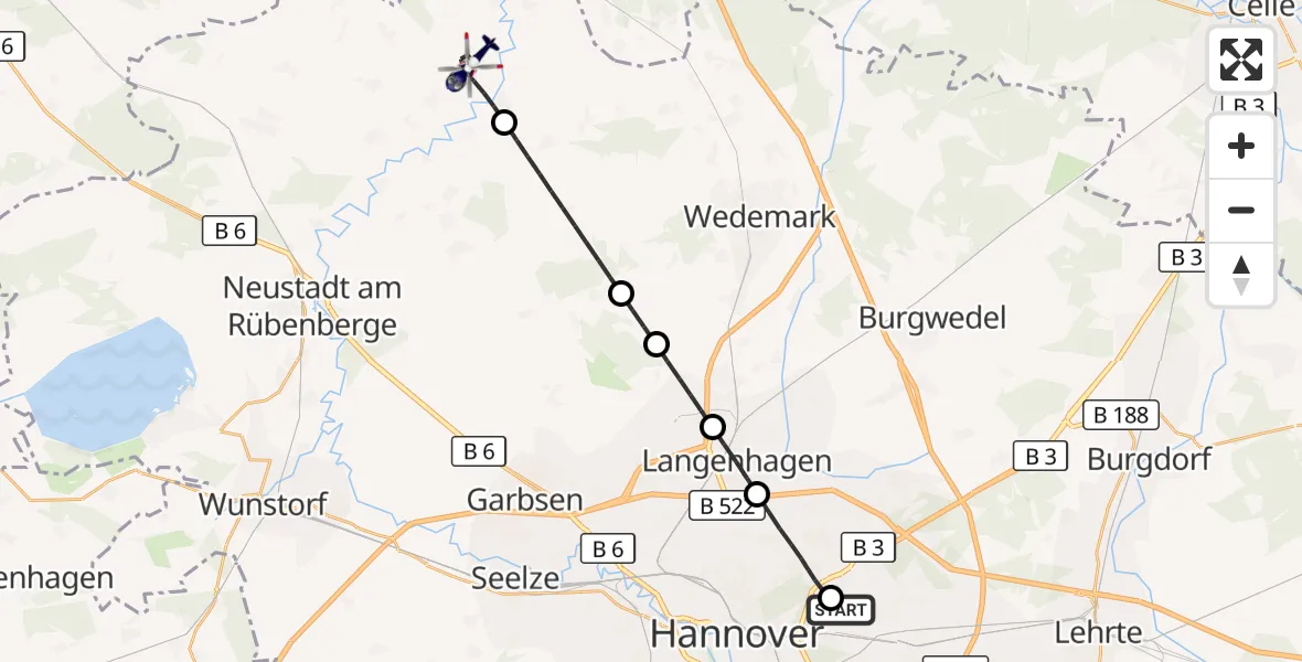 Flugroute Polizeihubschrauber Hannover Luftrettung Hubschrauberlandeplatz (Christoph 4) - Neustadt am Rübenberge, 20 August 2026, 09:47