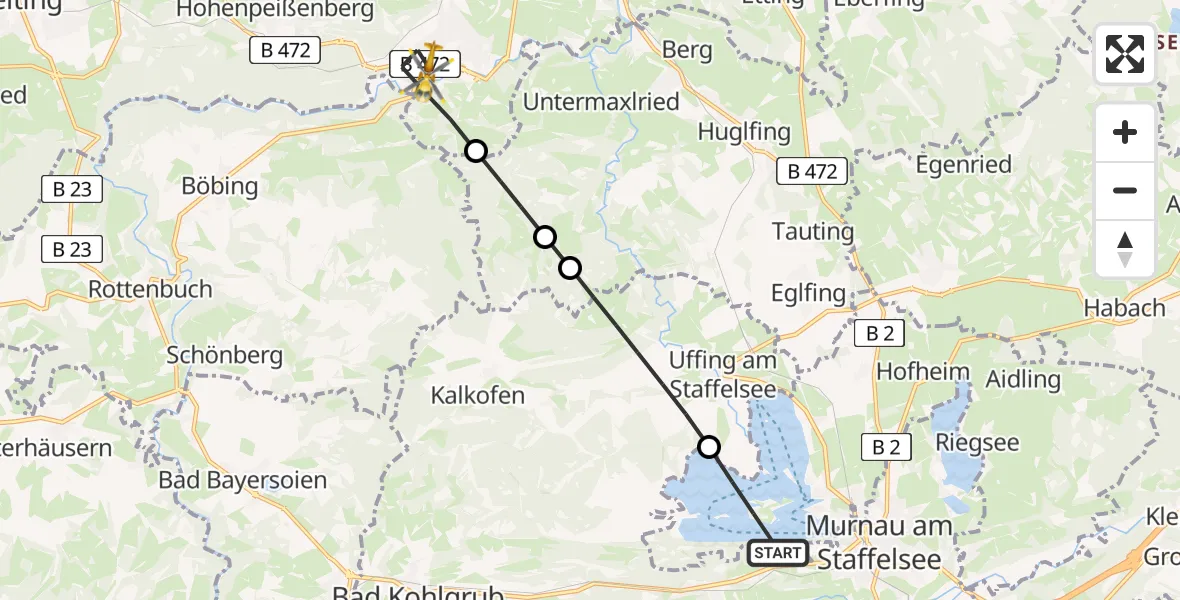 Flugroute Rettungshubschrauber Seehausen a.Staffelsee - Peißenberg, 20 August 2026, 09:49