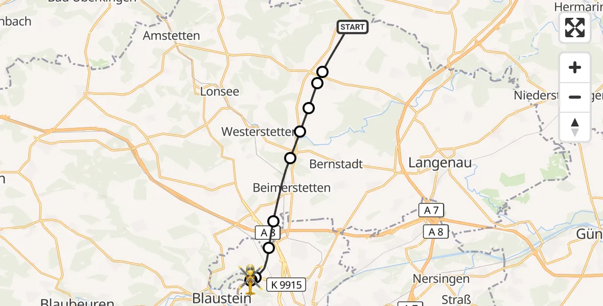 Flugroute Rettungshubschrauber Altheim (Alb) - ADAC Air Rescue Station Ulm (Christoph 22), 20 August 2026, 09:54
