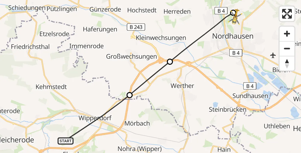 Flugroute Rettungshubschrauber Bleicherode - Südharz Hospital Nordhausen, 20 August 2026, 09:58