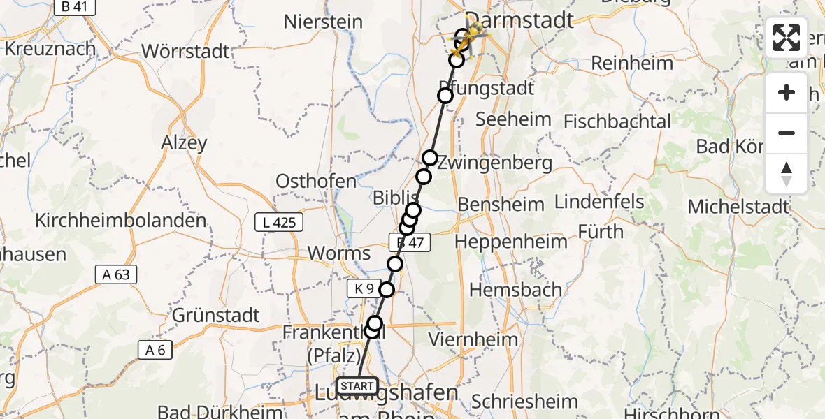 Flugroute Rettungshubschrauber Ludwigshafen am Rhein - Griesheim, 20 August 2026, 10:05