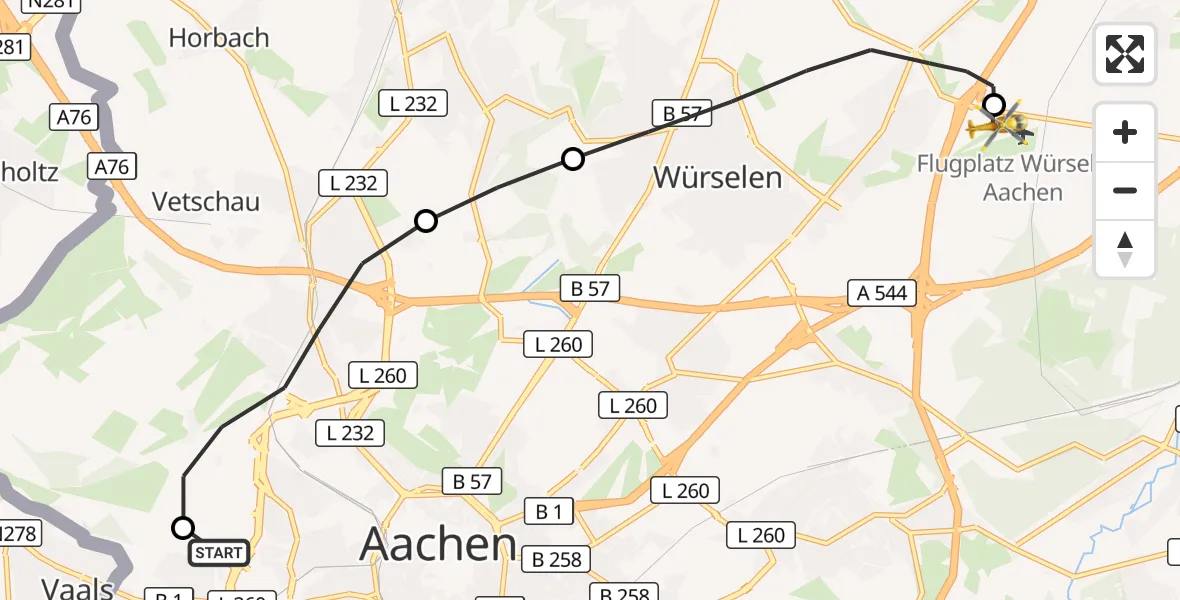 Flugroute Rettungshubschrauber Aachen Hospital - Aachen-Merzbrück Flughafen, 20 August 2026, 10:08