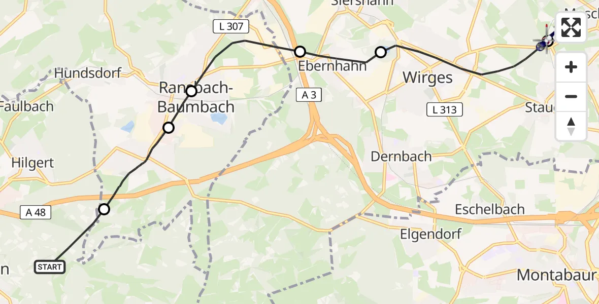 Flugroute Polizeihubschrauber Höhr-Grenzhausen - Moschheim, 20 August 2026, 10:09