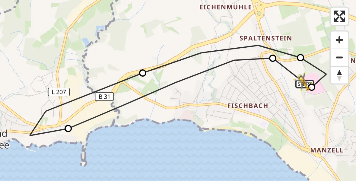 Flugroute Rettungshubschrauber Friedrichshafen Hospital - Friedrichshafen Hospital, 20 August 2026, 10:13