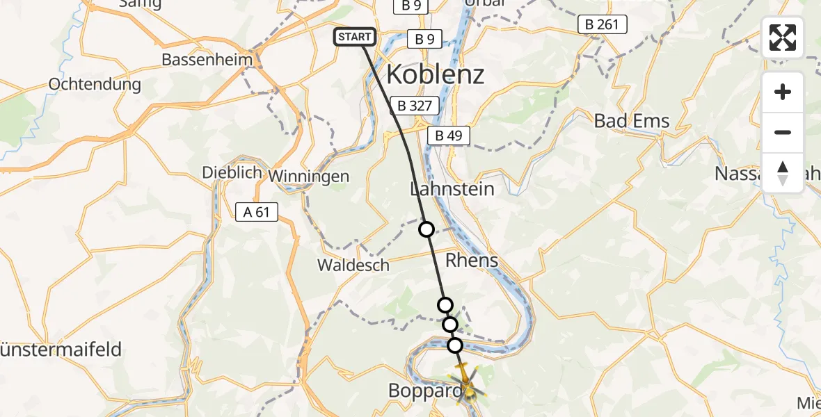 Flugroute Rettungshubschrauber Koblenz - Kamp-Bornhofen, 20 August 2026, 10:14
