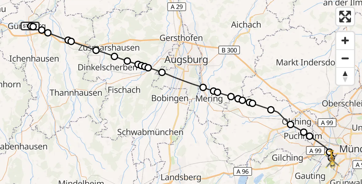 Flugroute Rettungshubschrauber Günzburg Hospital - DRF Air Rescue München Hubschrauberlandeplatz, 20 August 2026, 10:17