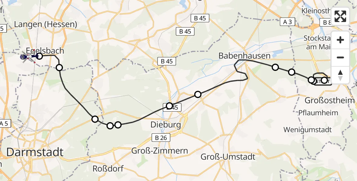 Flugroute Polizeihubschrauber Flugplatz Aschaffenburg - Flughafen Frankfurt-Egelsbach, 20 August 2026, 10:20