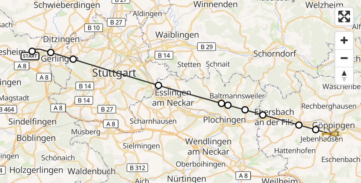 Flugroute Rettungshubschrauber Leonberg Hospital - Göppingen, 20 August 2026, 10:20