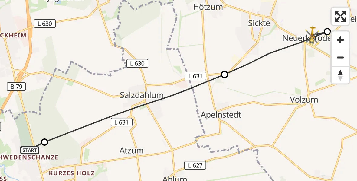 Flugroute Rettungshubschrauber Wolfenbüttel Municipal Hospital Heliport (Christoph 30) - Veltheim (Ohe), 20 August 2026, 10:22