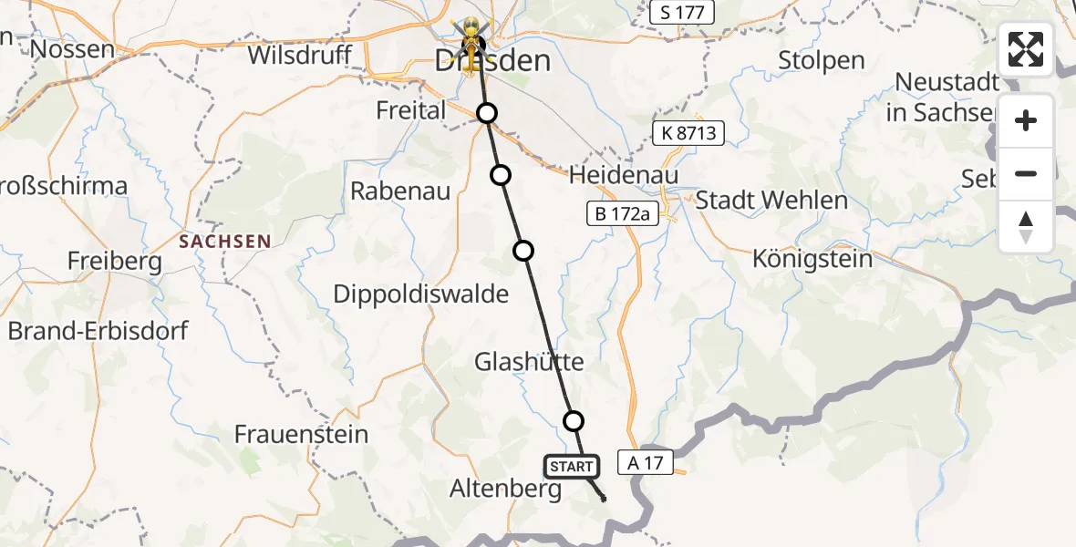 Flugroute Rettungshubschrauber Altenberg - Dresden Friedrichstadt Hospital, 20 August 2026, 10:22