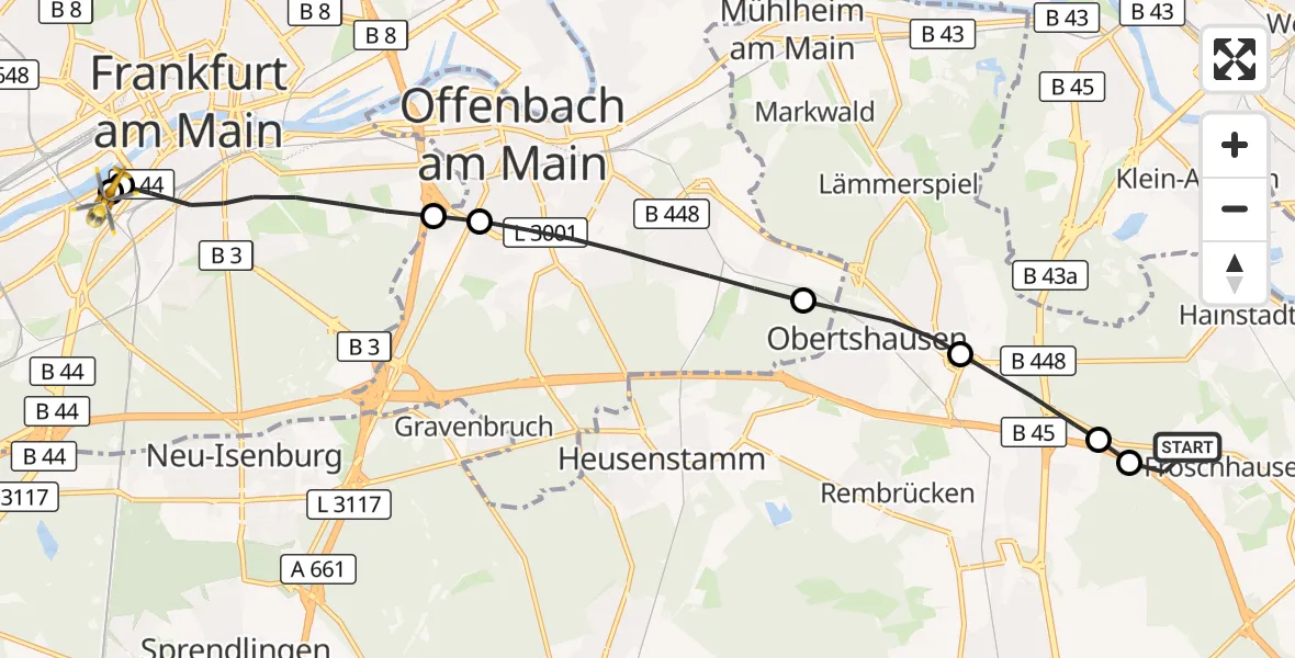 Flugroute Rettungshubschrauber Seligenstadt - Frankfurt University Hospital, 20 August 2026, 10:22