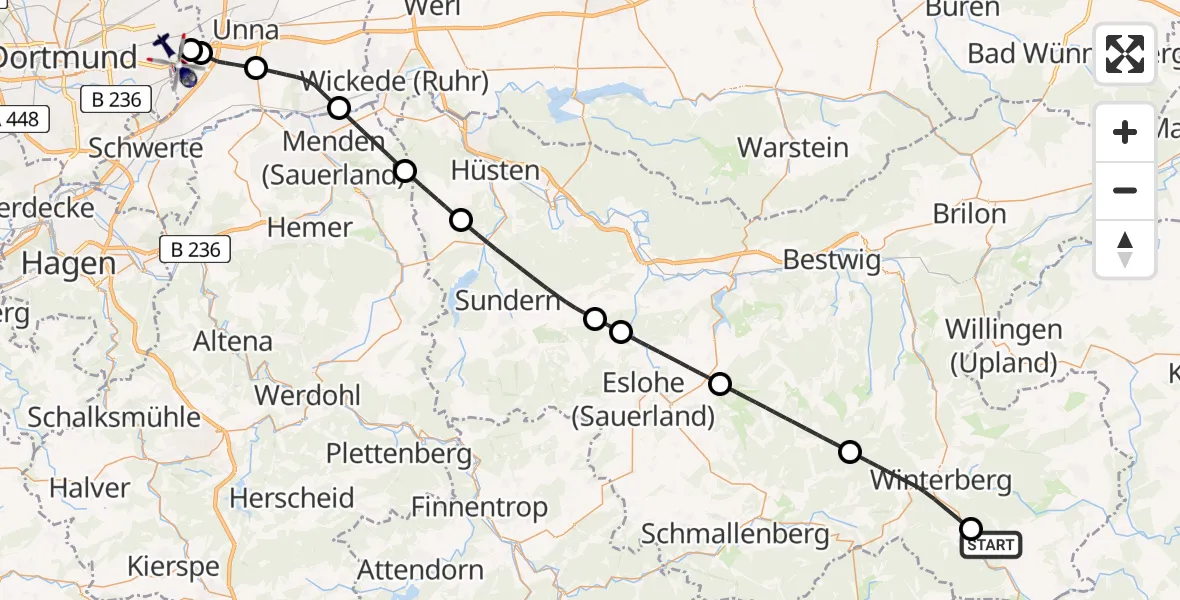 Flugroute Polizeihubschrauber Hallenberg - Dortmund Flughafen, 20 August 2026, 10:22
