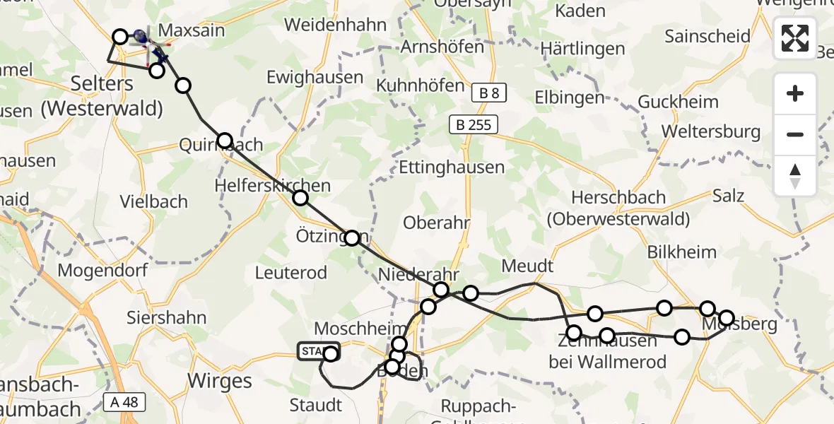 Flugroute Polizeihubschrauber Moschheim - Maxsain, 20 August 2026, 10:25