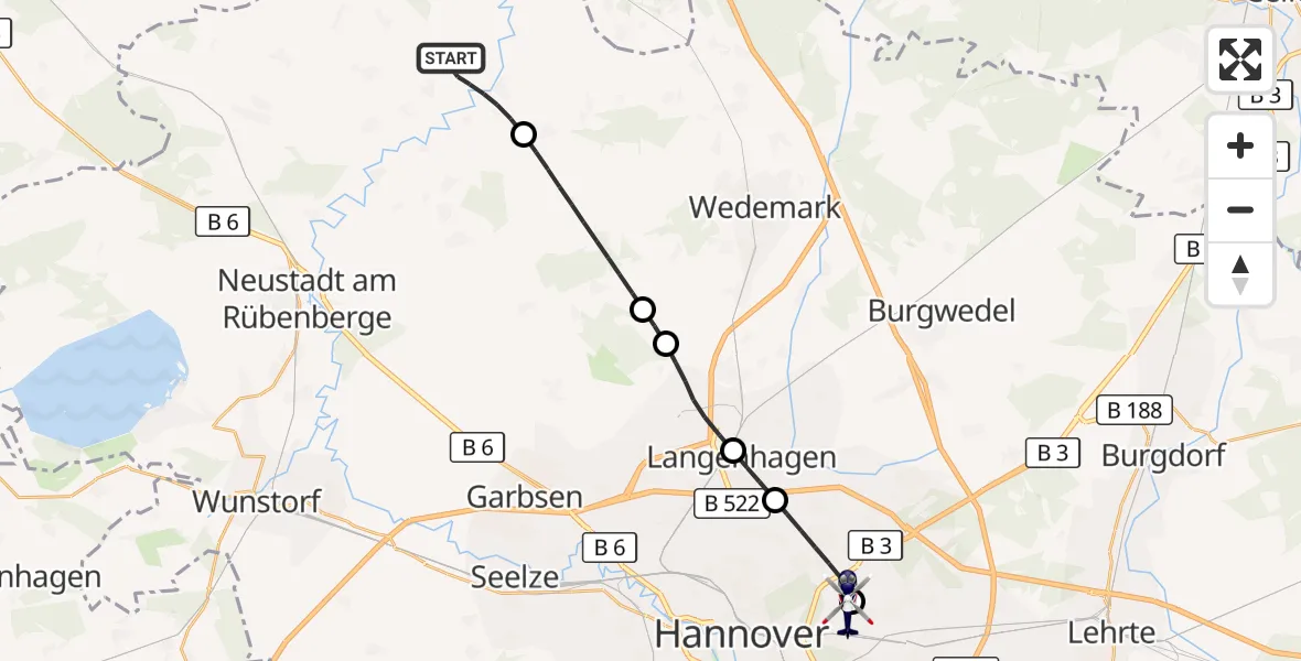 Flugroute Polizeihubschrauber Neustadt am Rübenberge - Hannover Luftrettung Hubschrauberlandeplatz (Christoph 4), 20 August 2026, 10:25