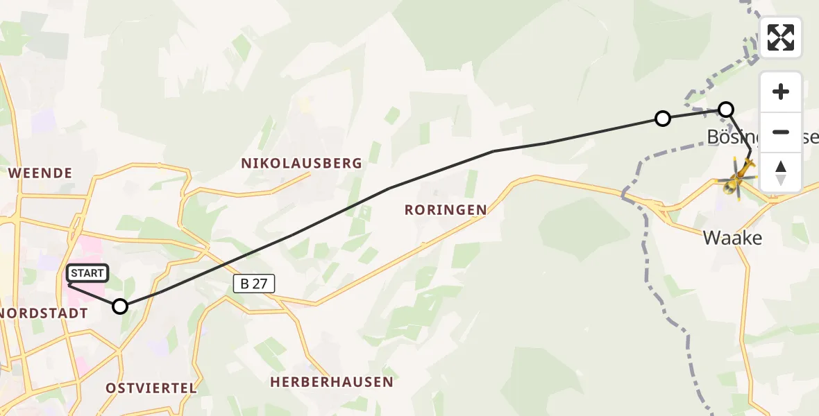 Flugroute Rettungshubschrauber Göttingen University Clinic Hubschrauberlandeplatz - Waake, 20 August 2026, 10:30