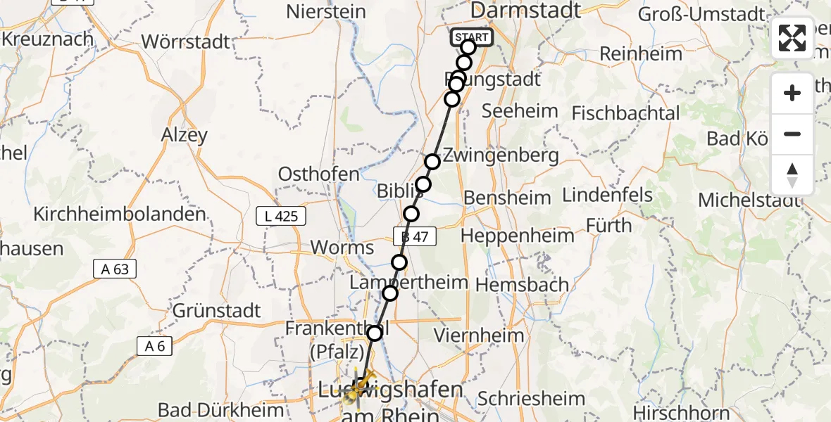 Flugroute Rettungshubschrauber Darmstadt - Ludwigshafen Accident Hospital, 20 August 2026, 10:34