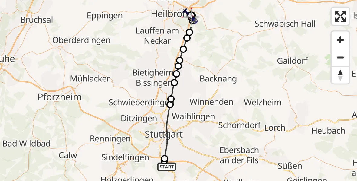 Flugroute Polizeihubschrauber Flughafen Stuttgart - Weinsberg, 20 August 2026, 10:36
