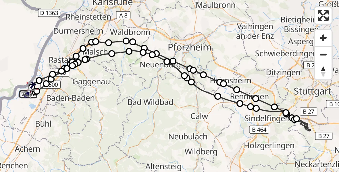 Flugroute Polizeihubschrauber Karlsruhe Baden-Baden Flughafen - Karlsruhe Baden-Baden Flughafen, 20 August 2026, 10:37