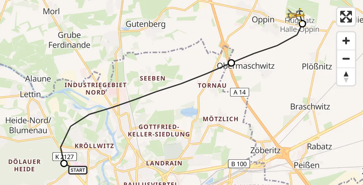 Flugroute Rettungshubschrauber Halle (Saale) University Hospital - Halle-Oppin Flugplatz, 20 August 2026, 10:40