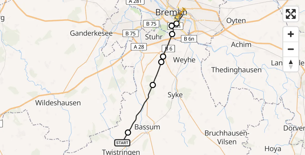 Flugroute Rettungshubschrauber Twistringen - Bremen, 20 August 2026, 10:40