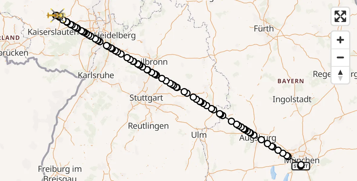 Flugroute Rettungshubschrauber ADAC Air Rescue Center Hubschrauberlandeplatz (Christoph 1) - Rockenhausen, 20 August 2026, 10:48