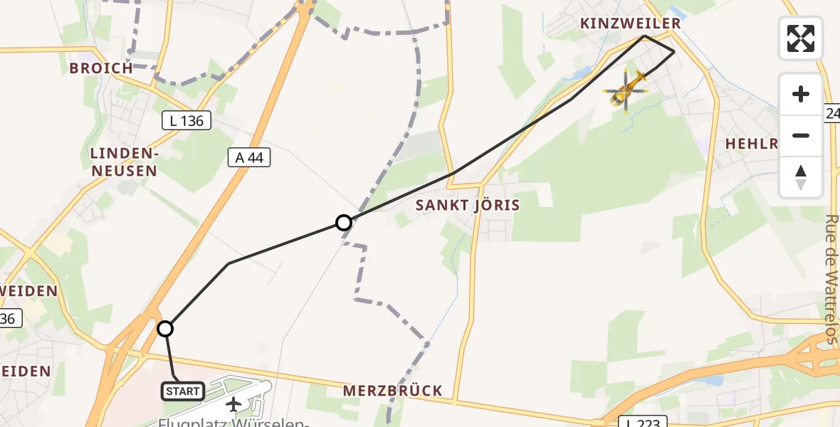 Flugroute Rettungshubschrauber Aachen-Merzbrück Flughafen - Eschweiler, 20 August 2026, 10:49