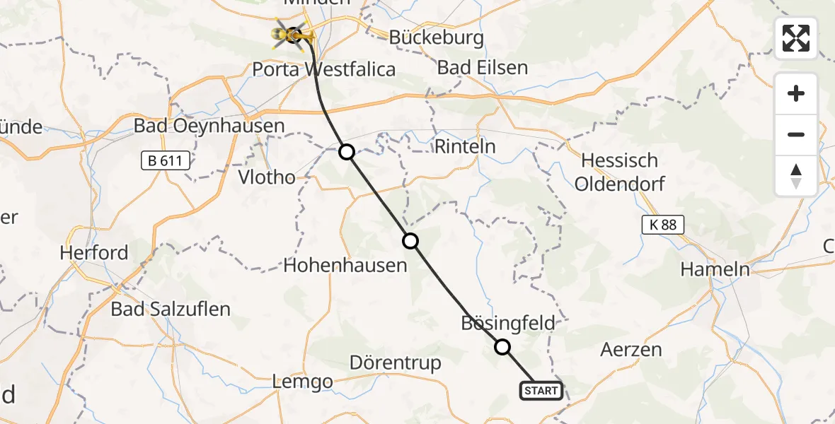 Flugroute Rettungshubschrauber Barntrup - Minden, 20 August 2026, 10:52