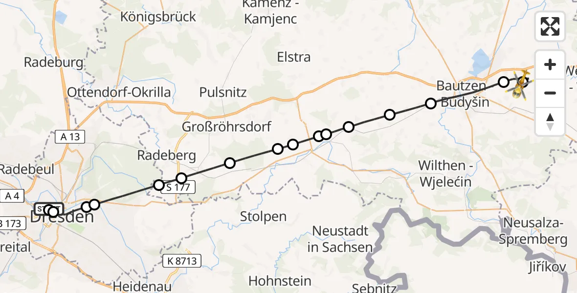 Flugroute Rettungshubschrauber Dresden Friedrichstadt Hospital - Bautzen Flugplatz, 20 August 2026, 10:54