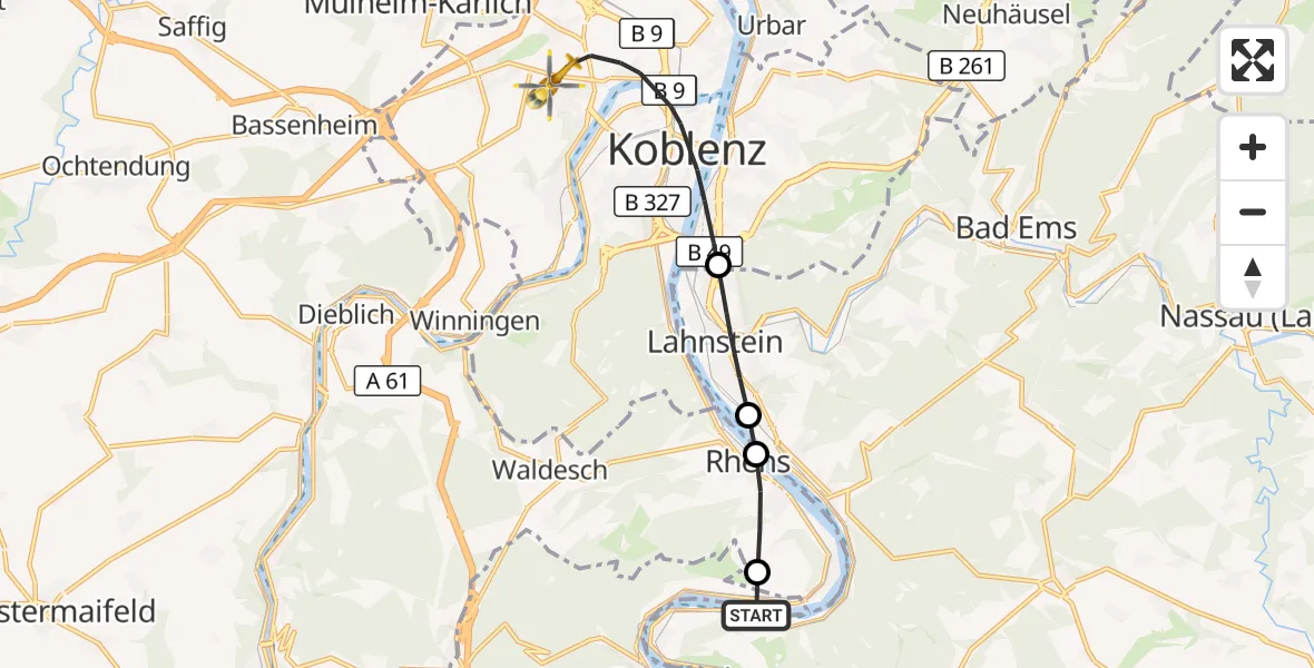 Flugroute Rettungshubschrauber Osterspai - Koblenz, 20 August 2026, 10:56