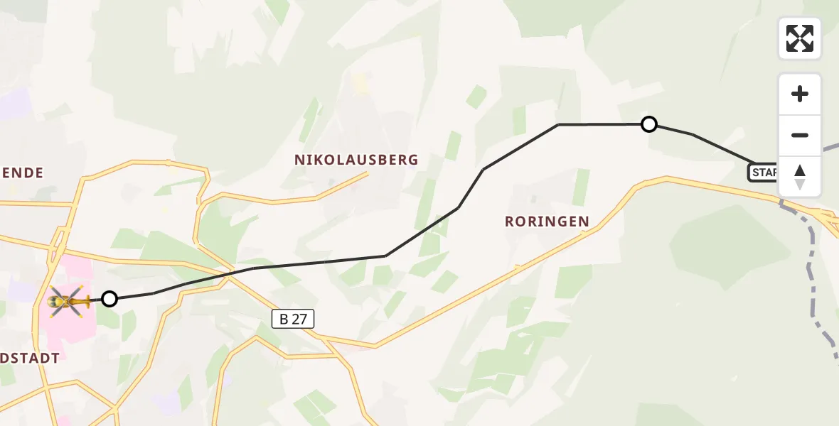 Flugroute Rettungshubschrauber Bovenden - Göttingen University Clinic Hubschrauberlandeplatz, 20 August 2026, 11:01