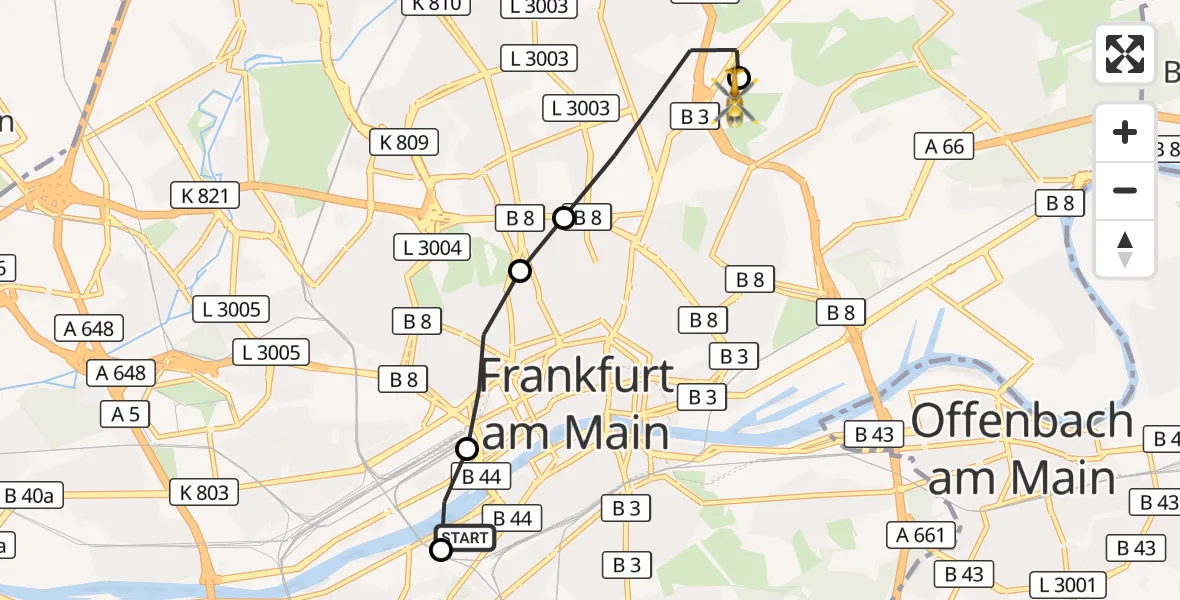 Flugroute Rettungshubschrauber Frankfurt University Hospital - Frankfurt am Main Accident Hospital Roof Helipad (CHX2), 20 August 2026, 11:13
