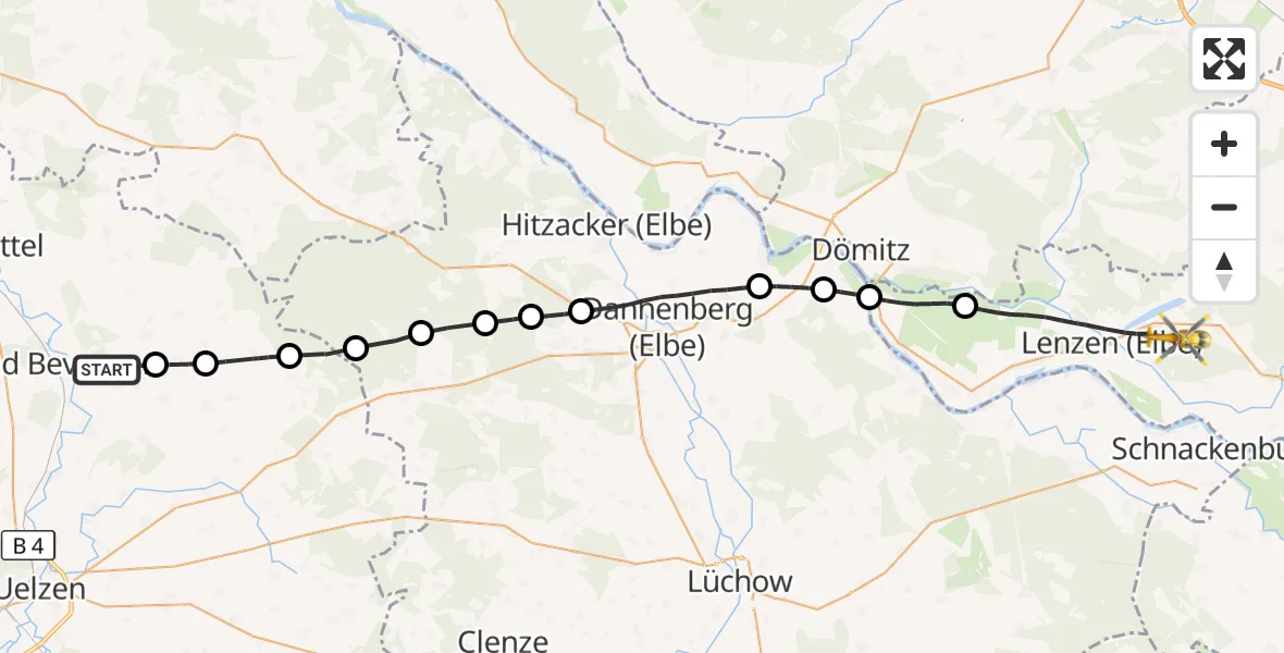 Flugroute Rettungshubschrauber Bad Bevensen - Lenzen (Elbe), 20 August 2026, 11:14