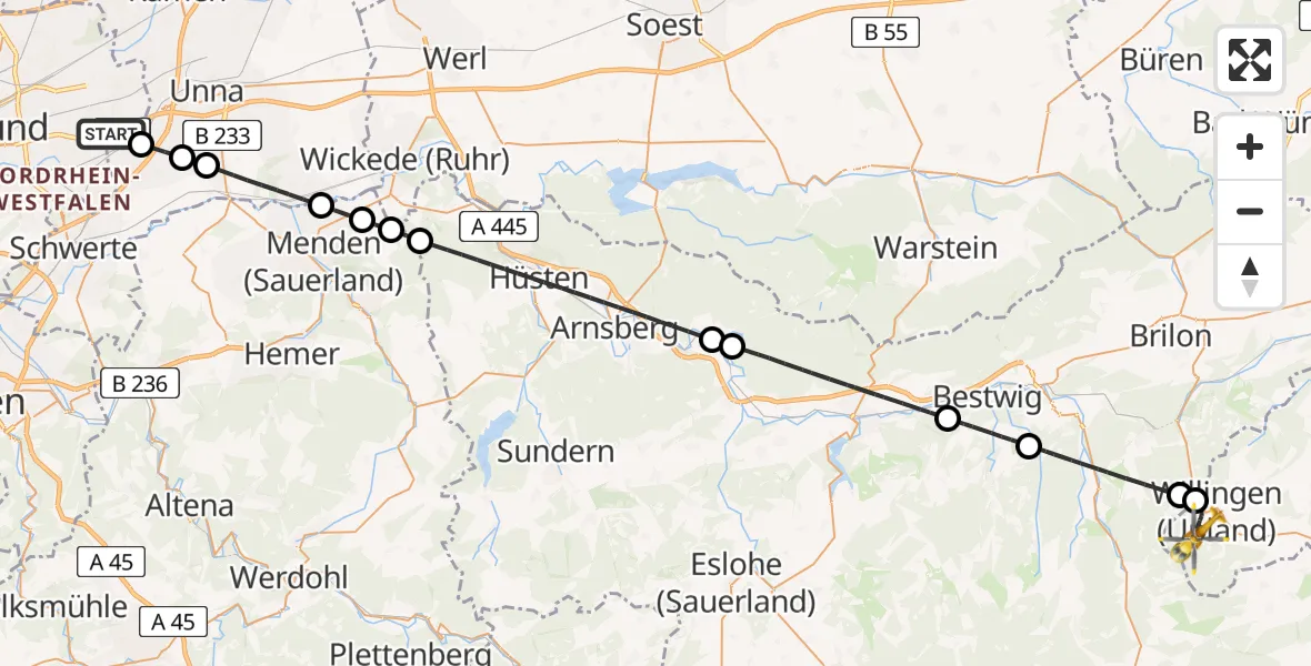 Flugroute Rettungshubschrauber Dortmund Flughafen - Willingen (Upland), 20 August 2026, 11:17