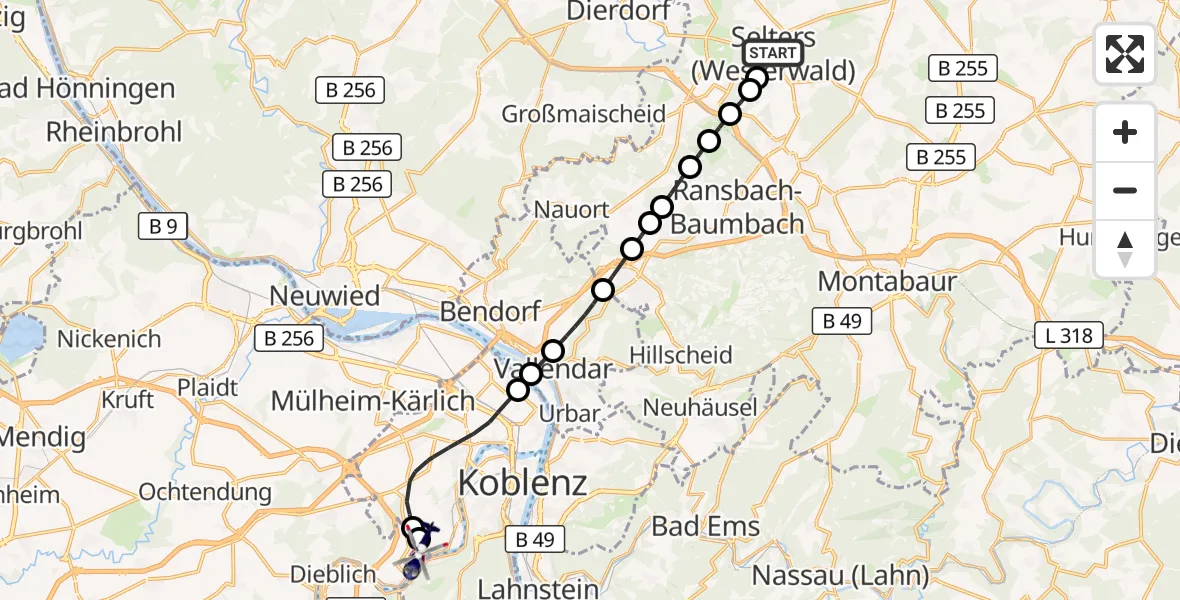 Flugroute Polizeihubschrauber Selters (Westerwald) - Koblenz-Winningen Flugplatz, 20 August 2026, 11:20