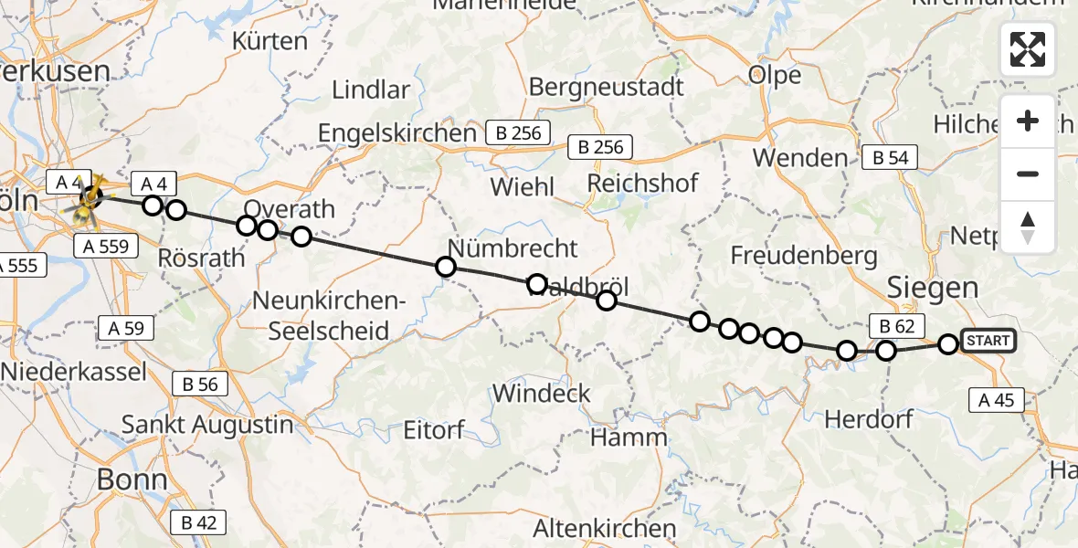Flugroute Rettungshubschrauber Wilnsdorf - Merheim Hospital, 20 August 2026, 11:25