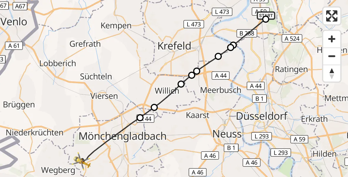Flugroute Rettungshubschrauber Duisburg Air Rescue Hubschrauberlandeplatz (Christoph 9) - Mönchengladbach, 20 August 2026, 11:29