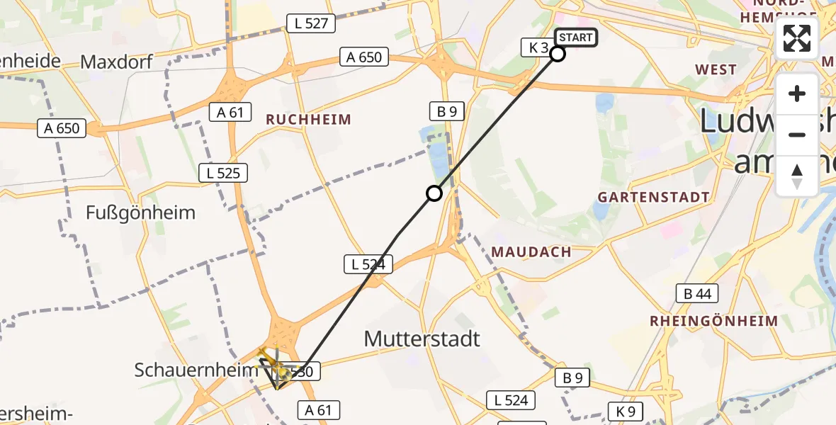 Flugroute Rettungshubschrauber Ludwigshafen Accident Hospital - Mutterstadt, 20 August 2026, 11:30