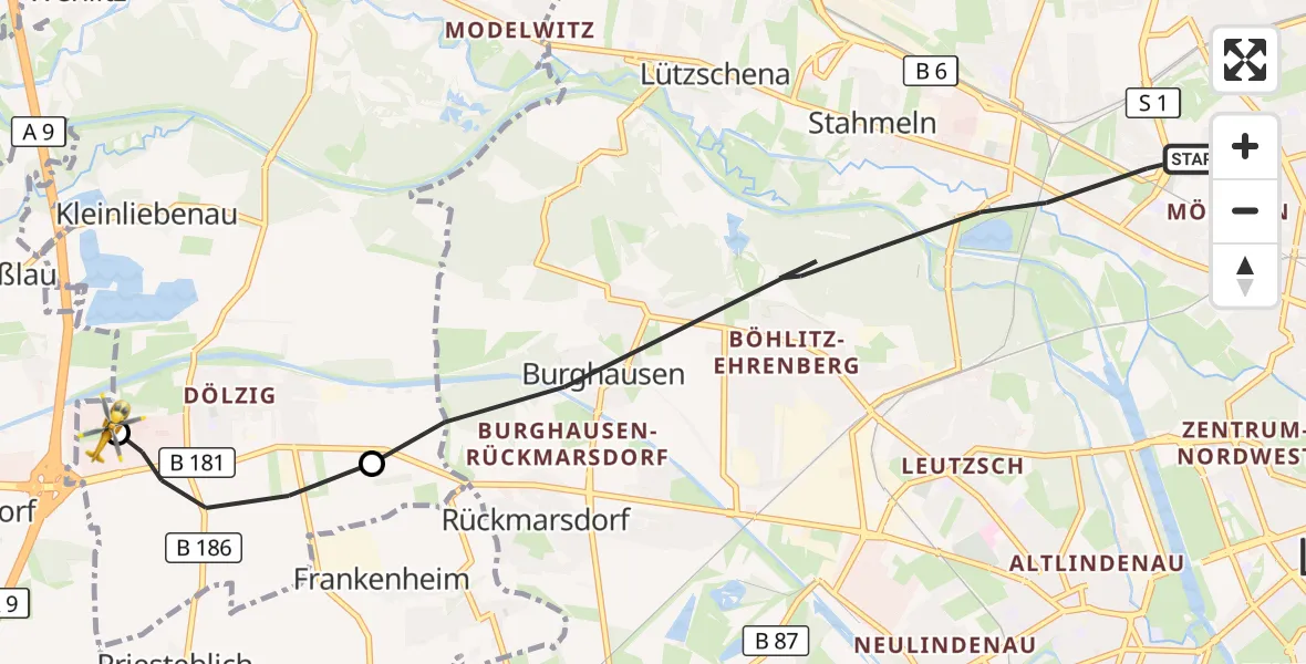 Flugroute Rettungshubschrauber Leipzig - ADAC Air Rescue Station Leipzig/Schkeuditz-Dölzig Hubschrauberlandeplatz (Christoph 61), 20 August 2026, 11:32