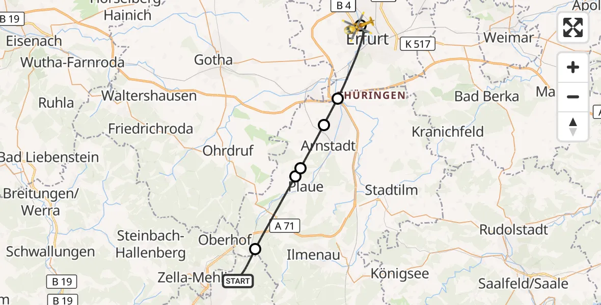 Flugroute Rettungshubschrauber Suhl - Helios Clinic Erfurt, 20 August 2026, 11:38