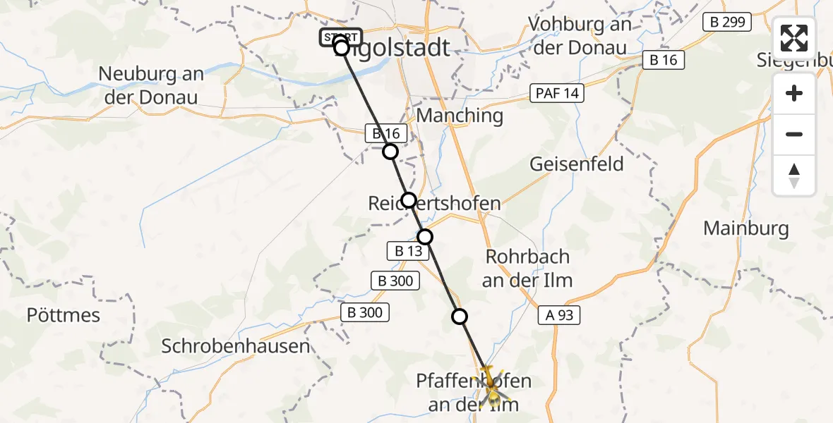 Flugroute Rettungshubschrauber Ingolstadt Hospital - Pfaffenhofen a.d.Ilm, 20 August 2026, 11:42