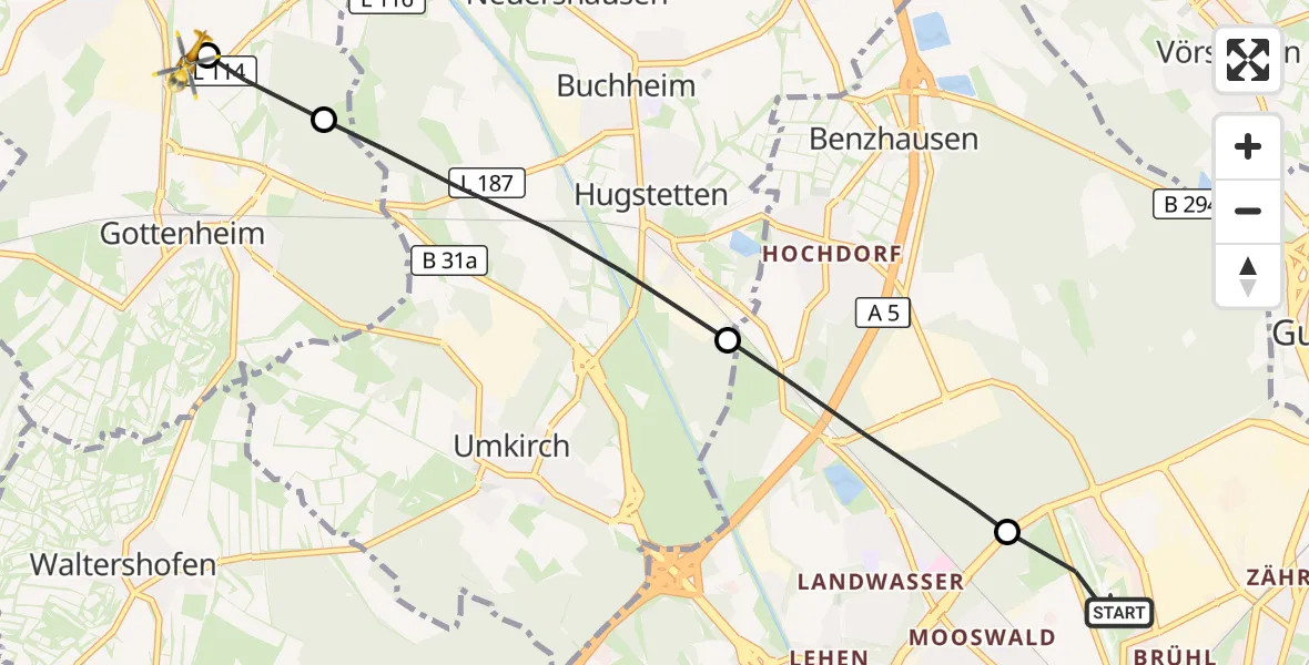 Flugroute Ambulanzhubschrauber Freiburg im Breisgau Flugplatz - Bötzingen, 20 August 2026, 11:44