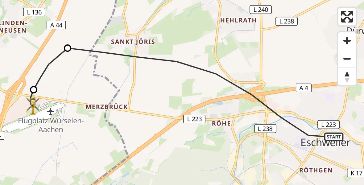Flugroute Rettungshubschrauber Eschweiler - Aachen-Merzbrück Flughafen, 20 August 2026, 11:46