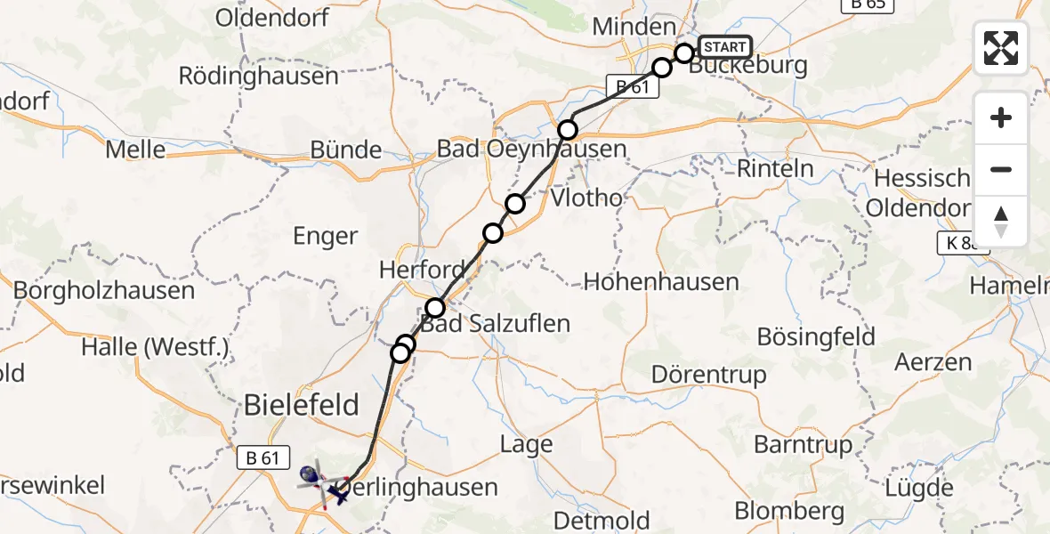 Flugroute Polizeihubschrauber Bückeburg - Bielefeld, 20 August 2026, 11:47