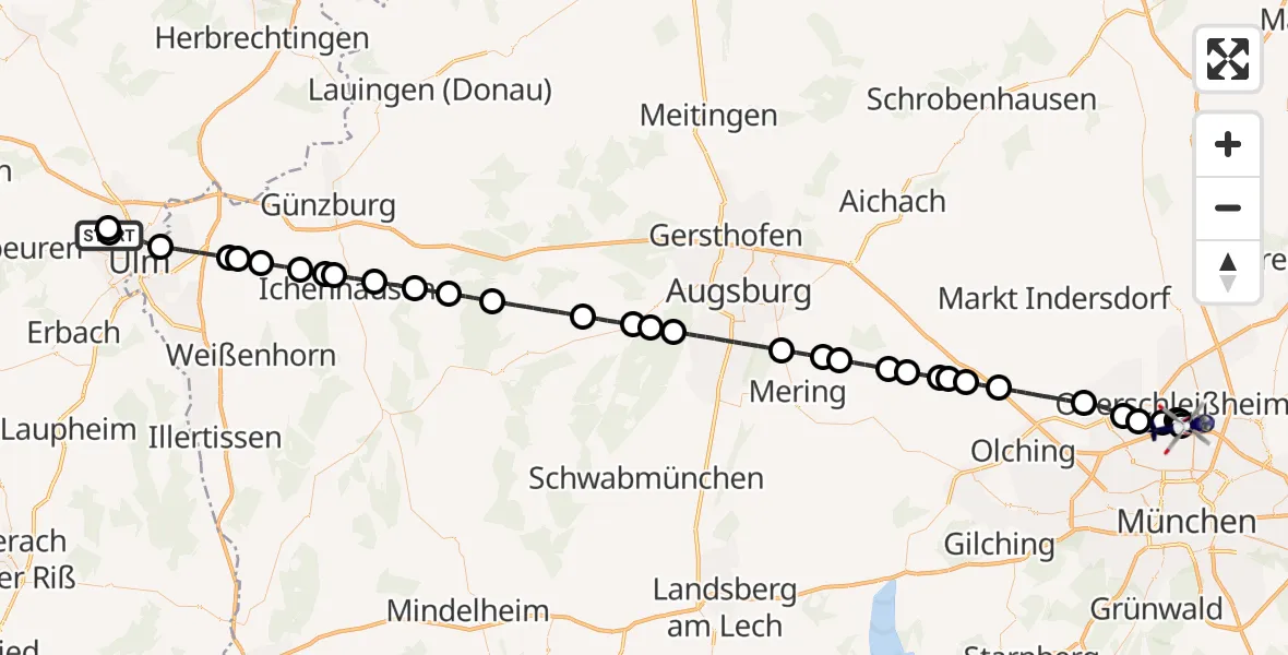 Flugroute Polizeihubschrauber Ulm Military Hospital Emergency - Oberschleißheim, 20 August 2026, 11:47