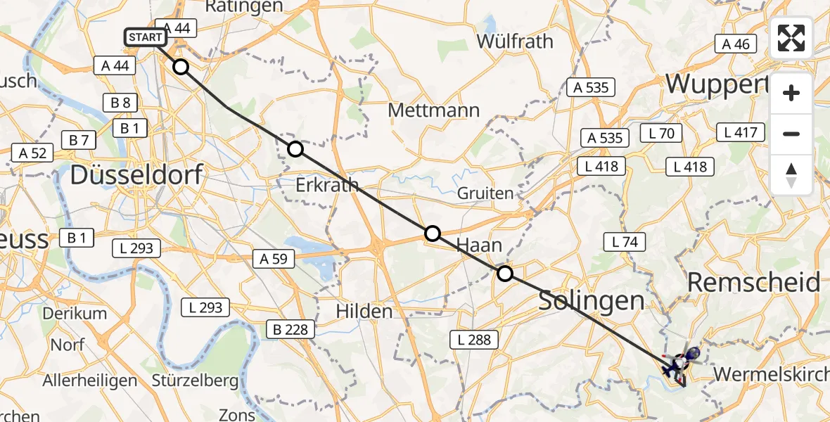 Flugroute Polizeihubschrauber Düsseldorf Flughafen - Remscheid, 20 August 2026, 11:50