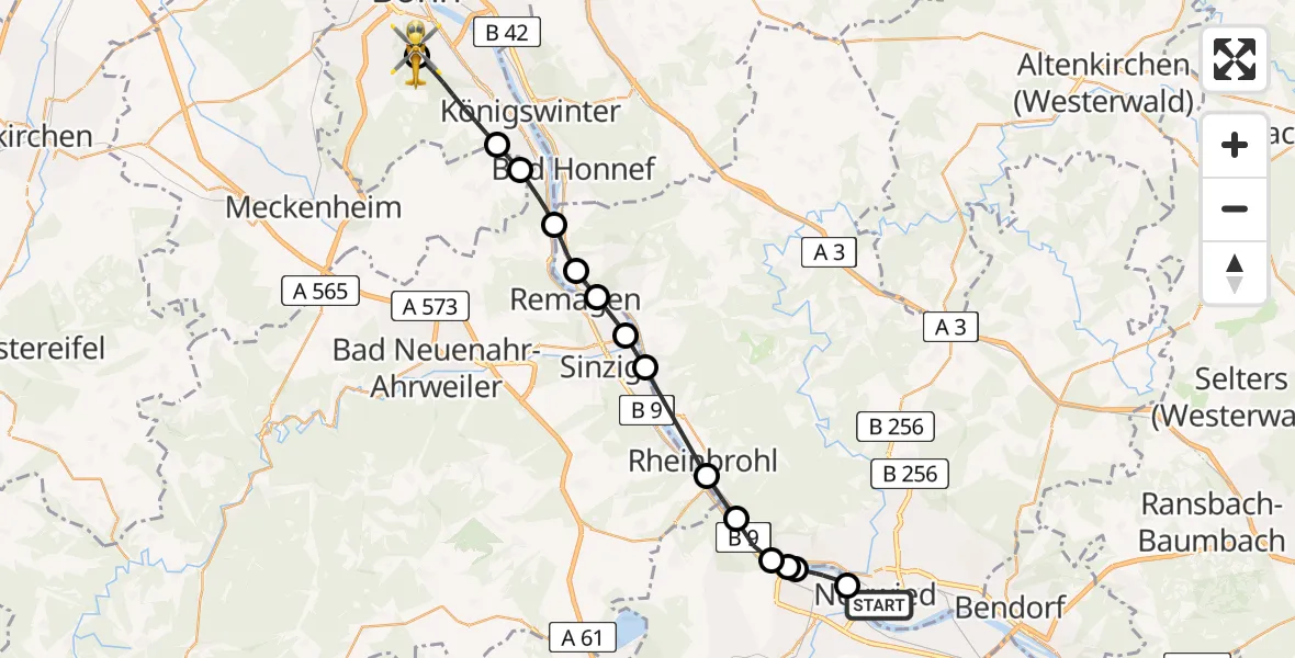 Flugroute Ambulanzhubschrauber Neuwied - Bonn University Hospital, 20 August 2026, 11:55